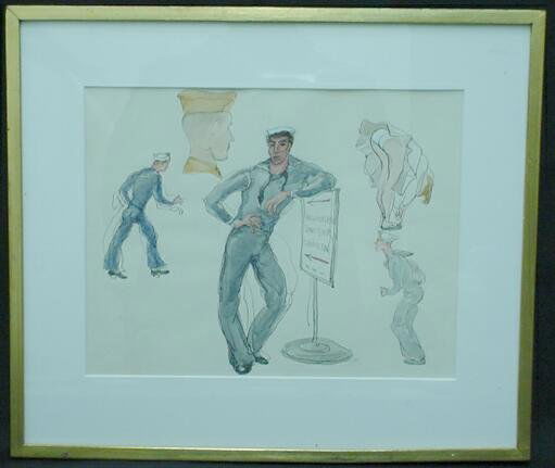 Emlen Etting American (1905-1993) Pen and Watercol: Emlen Etting American (1905-1993) Pen and Watercolor on Paper "At Ease" Circa 1995. Unsigned but maybe signed Under Mat. Gallery Label en Verso with all Data. Very Good Condition. Measures 8-1/2 Inche