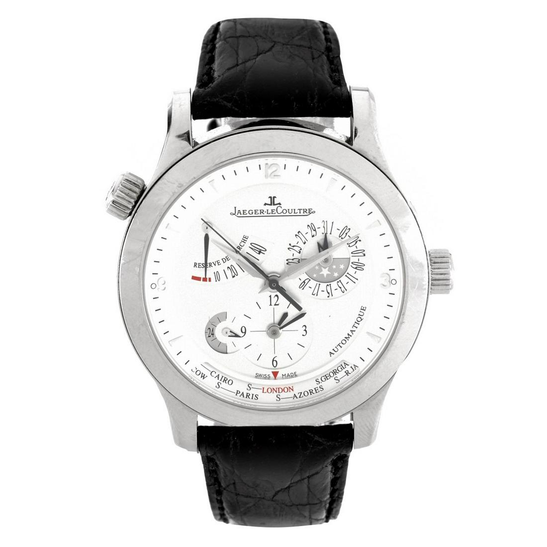 Jaeger-LeCoultre Geographic Watch: Man's Jaeger-LeCoultre Stainless Steel Master Geographic Automatic Movement Watch with JL Brown Alligator Strap and Associated Black Alligator Strap. . #2424194. With Box and Papers, original receipt 