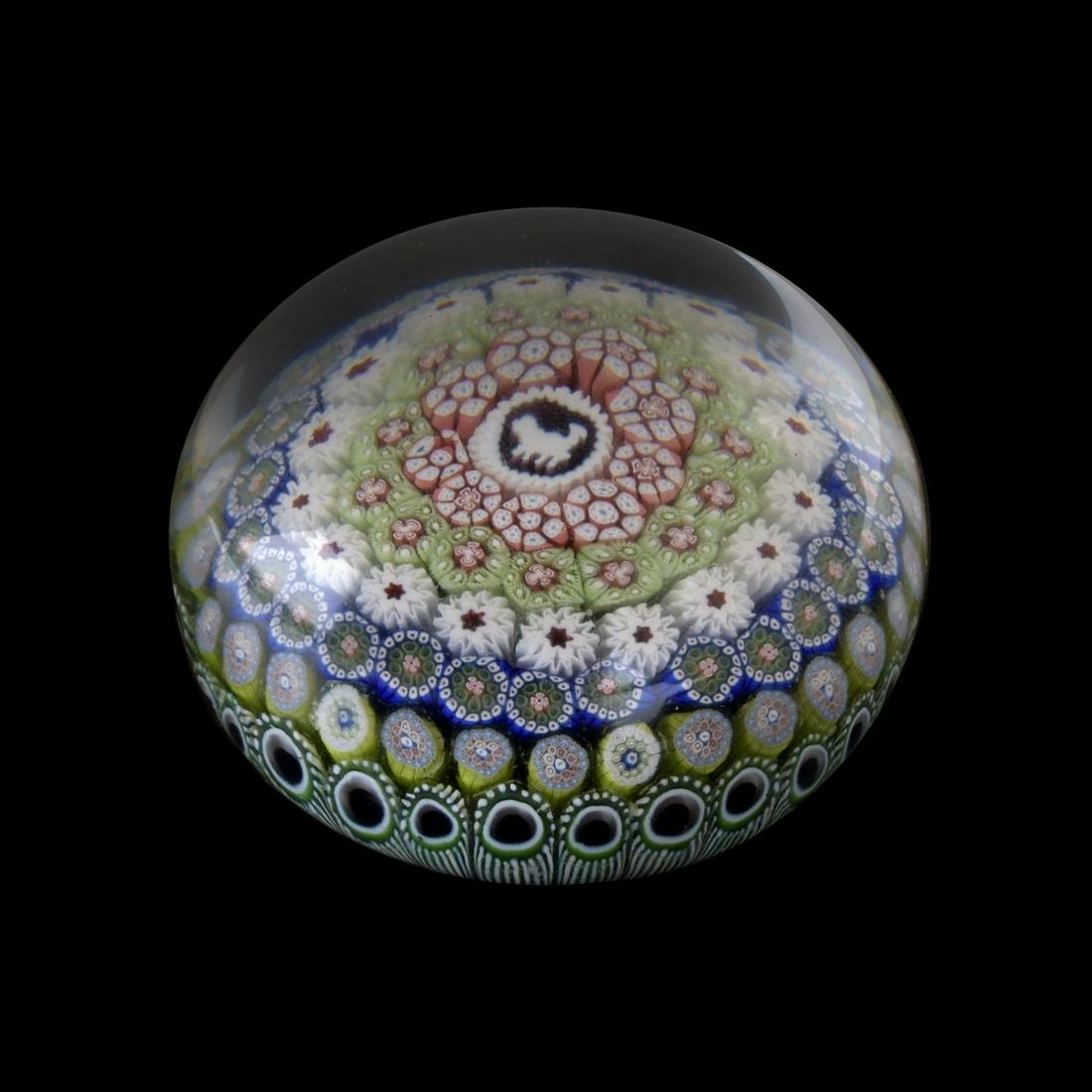 Antique St. Louis Paperweight: Antique St. Louis Millefiori Art Glass Paperweight. Six lines on of multi colored canes with figure en center. Signed and dated 1848. Measures 2-1/8" H x 3" diameter. Provenance: L.H. Selman, LTD. The