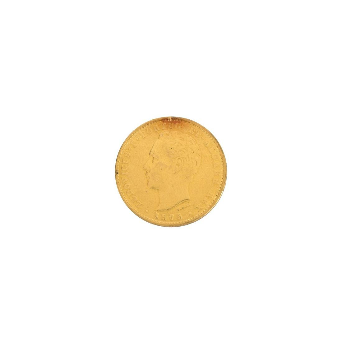 1875 King Luiz I 5000 Reis: 1875 Portuguese King Luiz I 5000 Reis Gold Coin. Obverse: bust facing left. Reverse: lettering and coat of arms. Engraver: Frederico Augusto de Campos. Size: 24mm. Approx. weight: 8.86 grams. Conditio