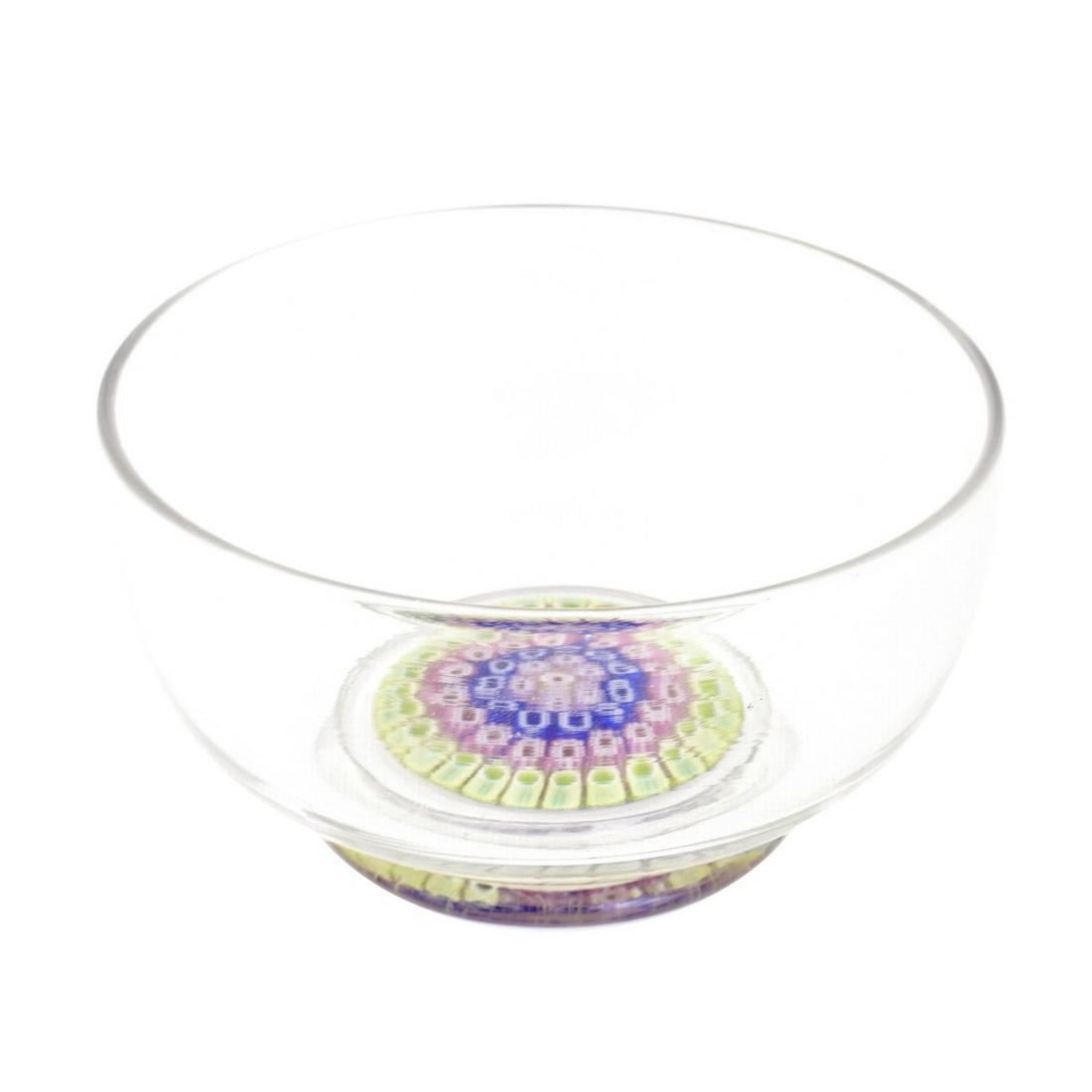 Whitefriars Millefiori Bowl: Mid Century Whitefriars Millefiori Concentric Glass Bowl. Post-classic John Walsh-Walsh Company base with complex canes and circles of millefiori. Measures 2-1/2" H x 4-1/2" diameter. Condition: Good 