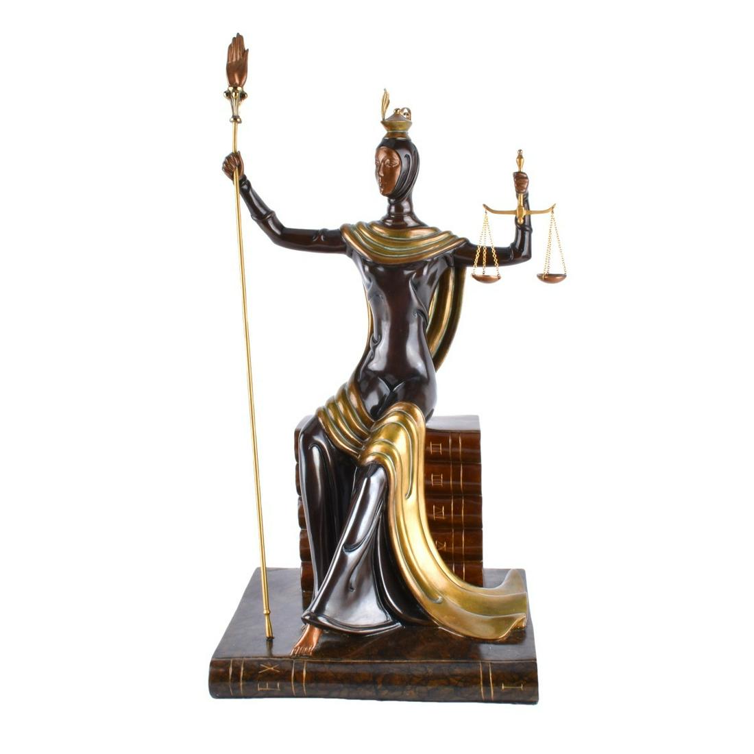 Erte (1892 - 1990) "Lady Justice" Bronze Sculpture: Erte, Russian/French (1892 - 1990) Bronze Sculpture "Lady Justice Circa 1984" Signed and Numbered 397/500 on Obverse Side. Foundry mark: Fine Art Acquisitions. Measures 20-1/4" H x 11-1/2" W x 8-1/4"