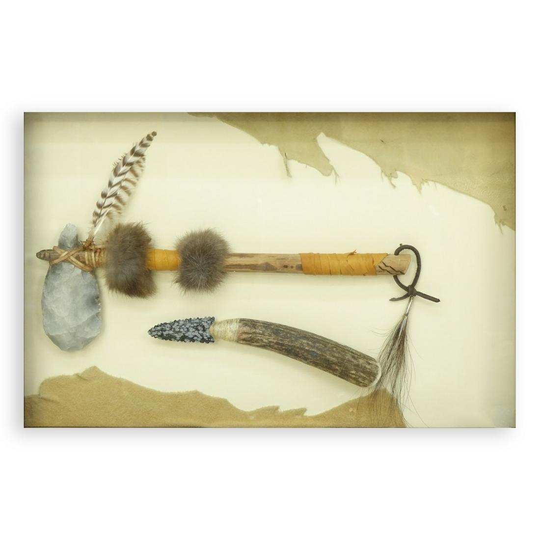 American Indian Shadowbox Tomahawk & Knife: American Indian Shadowbox by Blake's of Mississippi. Specially made for the owner, tomahawk is made of Dogwood, stone blade is San Antonio flint, decorations of moose hair, buckskin, rabbit fur and ch