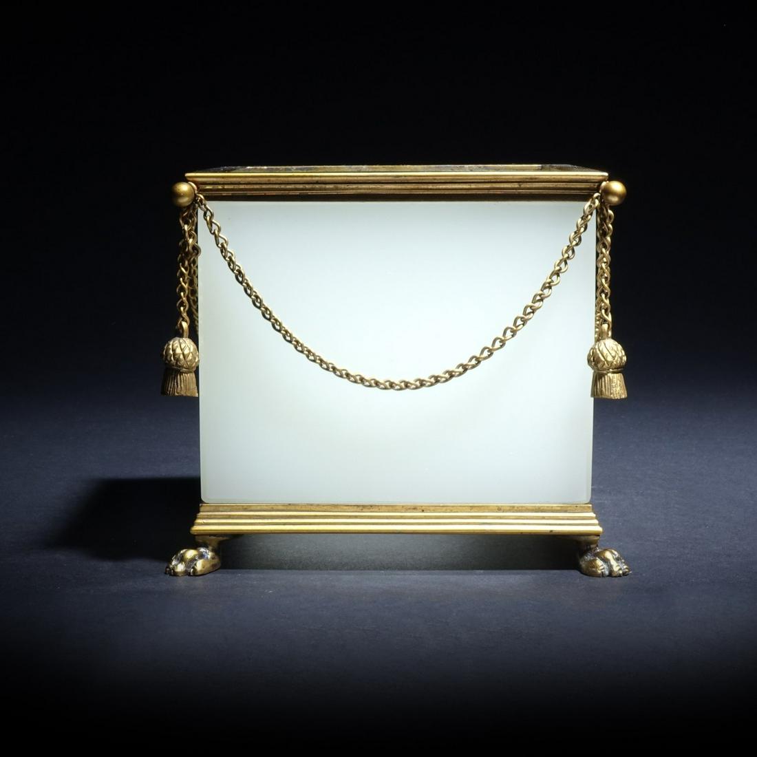 French Bronze and Opaline Cachepot: French Empire Bronze and Opaline Cachepot bowl with claw feet and acorn, unsigned, Measures H: 5-1/8" H x 6" W Condition: Good condition, light tarnish and water spots, needs a cleaning. Estimate: $30