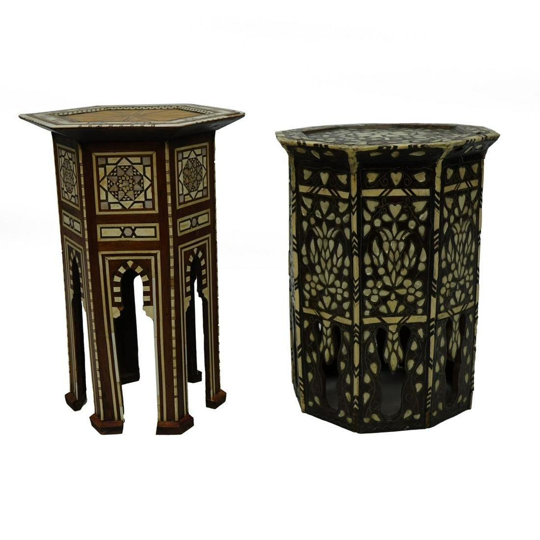 Two (2) Middle Eastern Tables: Two (2) Middle Eastern Bone and Mother of Pearl Inlaid Octagonal Table. Each with decoration throughout the surface. Tallest measures 20" H x 14-1/2" W, other measures 18-1/2' H x 15" W. Condition: So