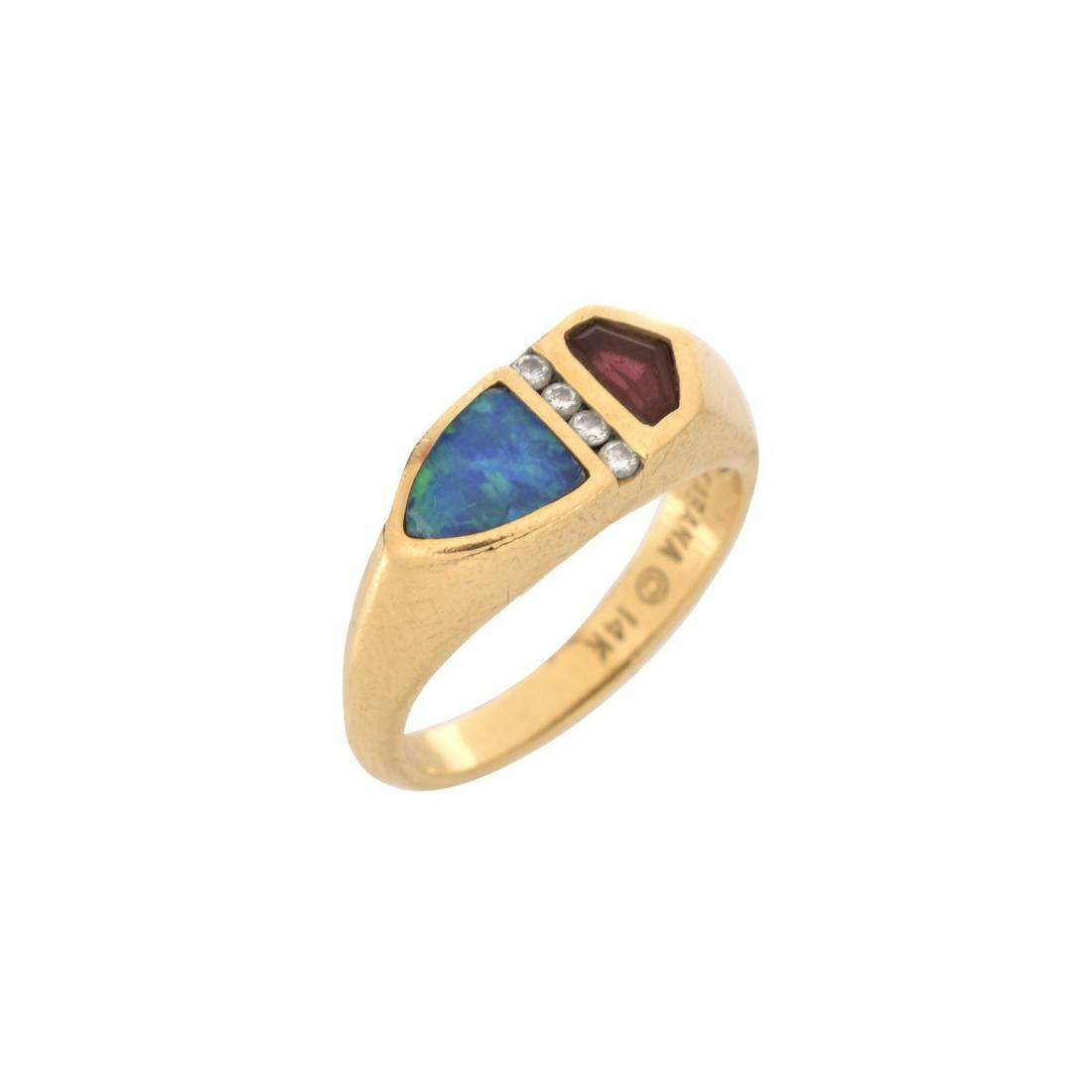 Opal, Ruby, Diamond and 14K Ring: Vintage Kabana Sheild Shape Black Opal, Pentagonal Shape Ruby, Small Round Cut Diamond and 14 Karat Yellow Gold Ring. Opal with good play of color. Signed, stamped 14K. Ring size 6-1/2. Ring top measu
