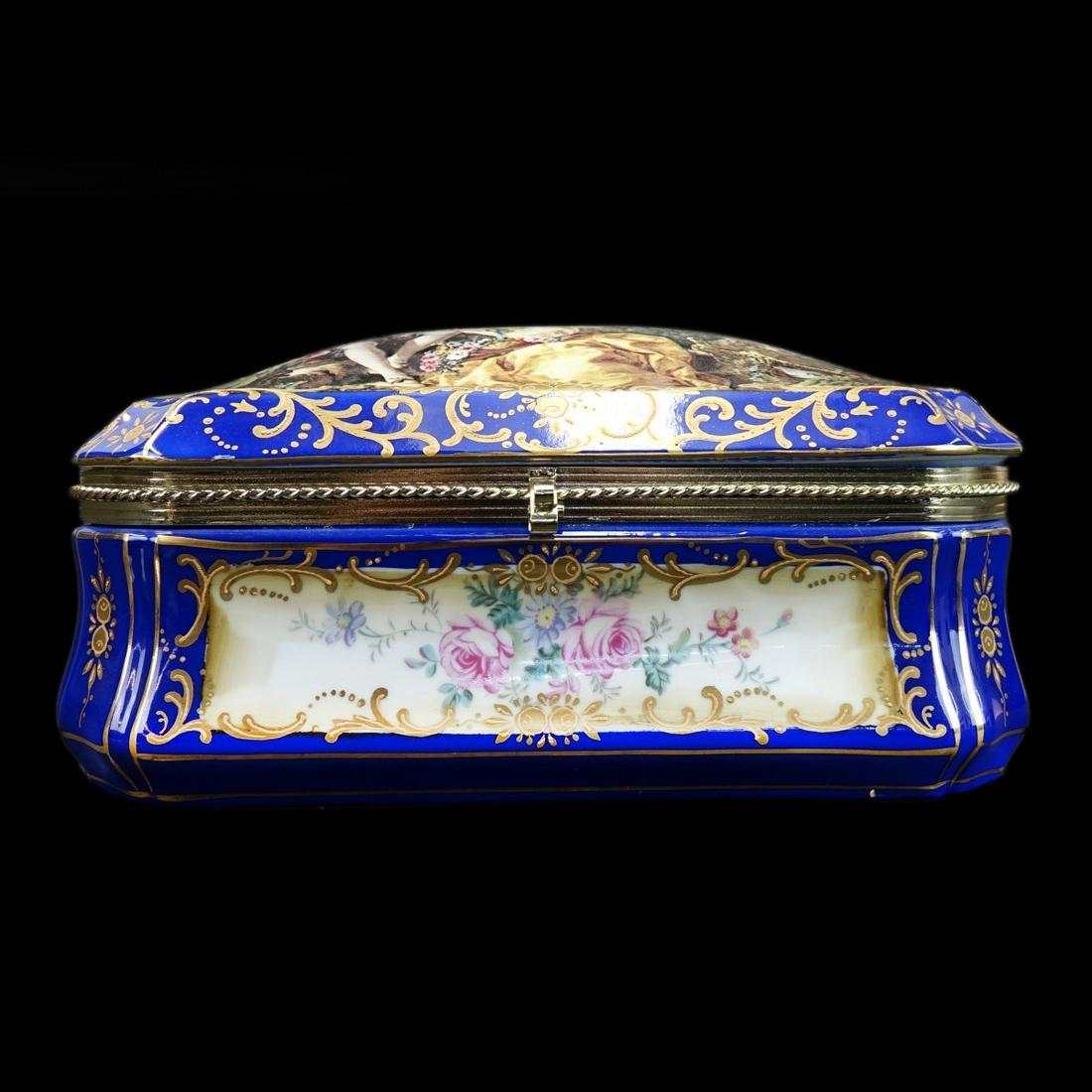 Large Vintage Limoges Style Porcelain Box: Large Limoges Style Porcelain Box, courting scene blue ground with panels of flowers, unsigned, measures 5-1/4" H x 11" W x 7" deep Condition: Good condition, normal wear for a pre owned items Estimat