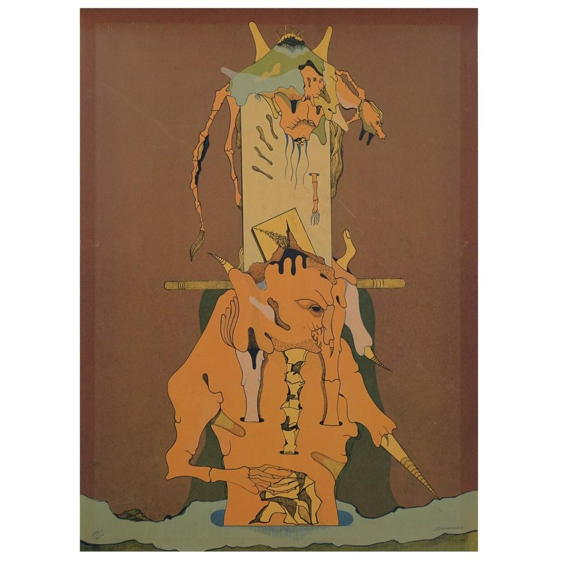 European School Gouache and Ink Abstract: European School Gouache and Ink Abstract, orange monster cone arm skeleton with skeleton dog above head. Signed lower right pencil illegible, signed lower right numbered 111/150 lower right Condition: