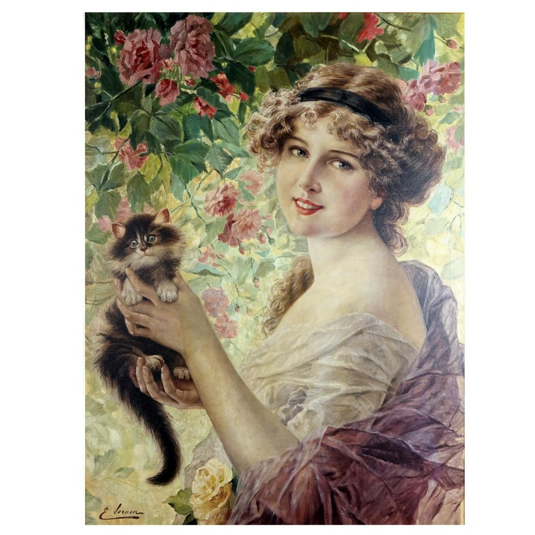 Emile Vernon (BRITISH, 1872â€“1919) O/C: After: Emile Vernon (BRITISH, 1872â€“1919) Oil on Canvas, Young Beauty with Kitten. Bears signature lower left. Measures 40" H, 30" W; frame measures 44-1/2" H, 34-1/2" W. Condition: Very good co