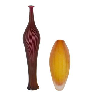 Two (2) Art Glass Tableware: Grouping of Two (2) Art Glass Tableware. Includes: Laura de Santillana for Arcade Murano ovoid vase together with a Claire Kelly vase. Each signed at the base. Tallest measures 21" H, other measures 1