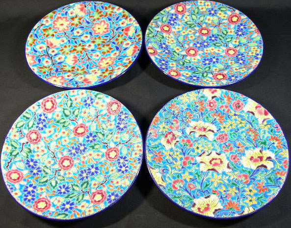 4 Longwy France Enameled Plates. Early to Mid 20th