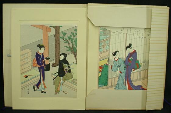 Collection of Twelve Japanese Woodblock Prints in: Collection of Twelve (12) Early 20th Century Japanese Woodblock Prints in Original Folio entitled Choice Selection of Ukiyoe Masterpieces Series Number 1. Each Woodblock Containing Female Character. E