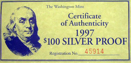 Washington Mint Sterling Silver Hundred Dollar Bil - 2