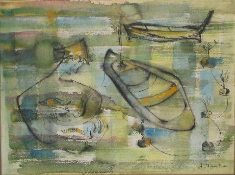 M. Taulier Cannes France Watercolor "Boats and Fis
