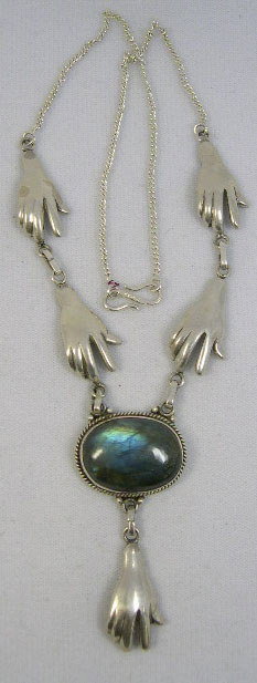 Sterling Silver Hand Necklace with Opal Pendant. S