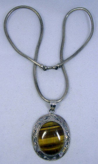 Sterling Silver Necklace with Tigereye Pendant. Un