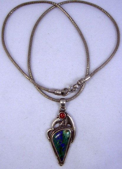 Sterling Silver Necklace with Malachite, Lapis and
