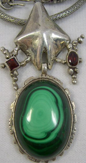 Sterling Silver Necklace with Malachite and Gem Cu - 2