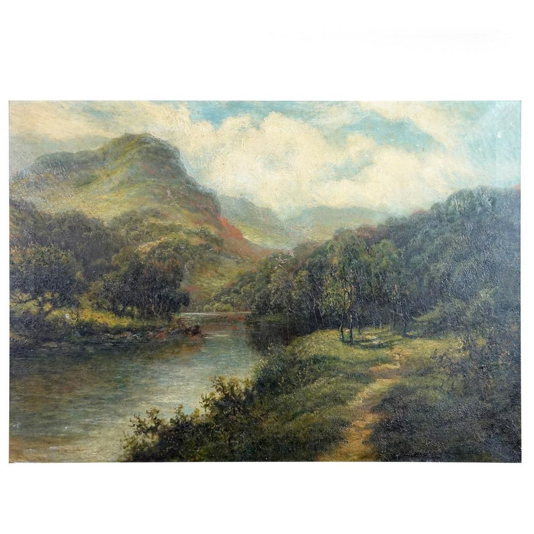 Continental School Oil on Canvas Landscape: Continental School Oil on Canvas Landscape, signed lower right illegible, measures 19-1/2" H x 27-1/4" W frame 26-1/2" H x 34-1/4" W Condition: Fair condition, craqueleur throughout whole painting, lo