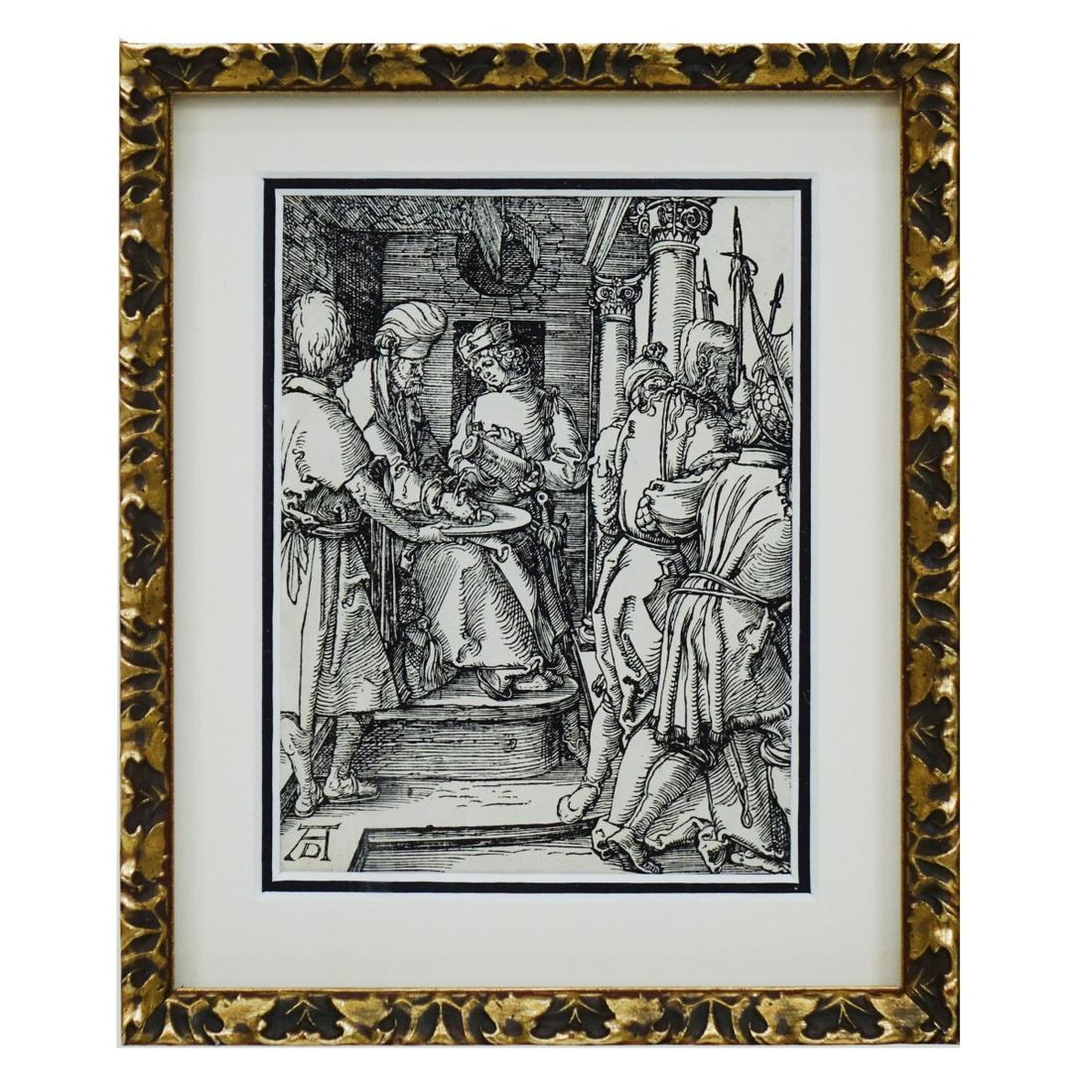 After: Albrecht Durer (1471 - 1528): After: Albrecht Durer, German (1471 - 1528) Print "Pilate Washing his Hands" Marked Lower Left. Sight measures 4-1/2" H x 3-1/2" W, frame measures 27-1/2" H x 26" W. Condition: Good condition Estimate