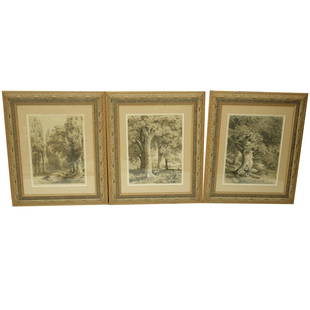 3 Alexandre Calame (1810-1864) Swiss Lithographs: Three (3) Alexandre Calame (1810-1864) Swiss Landscape Trees Lithographs. Hetre, Platanes, and Peupliers. Signed lower right in plate, publisher Imp. Lith. de Cattier a Paris. Figures para Ferogio. Me