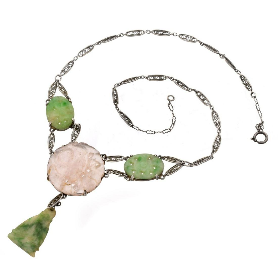 Chinese Jade, Rose Quartz and Silver Necklace (1 of 5)