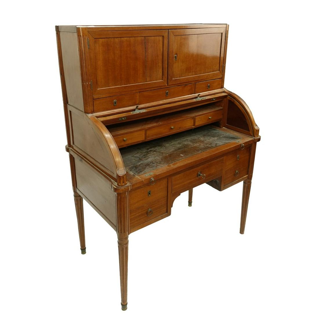 French Directoire Cylinder Top Desk: Early19th Century French Directoire Cylinder Roll Top Desk. 2 doors at the top, interior compartments and tooled leather surface, several drawers lower with secret compartments, key included, stand on