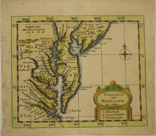John Seller Cartographer (1665-1705) 17th Century: John Seller Cartographer (1665-1705) 17th Century or Later Map of Virginia and Maryland. Engraved and Hand Colored. John Seller The first English publisher of sea-charts. He was hydrographer to Charle