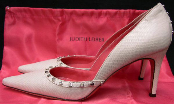 Judith Leiber White (Ice) Color High Heel Shoes Si: Judith Leiber White (Ice) Color High Heel Shoes Size 9-1/2 with Applied Crystals. Model Number SD3020 Karung. Signed Judith Leiber and Made in Italy. Original Pouch and Box Included. Good Condition, W