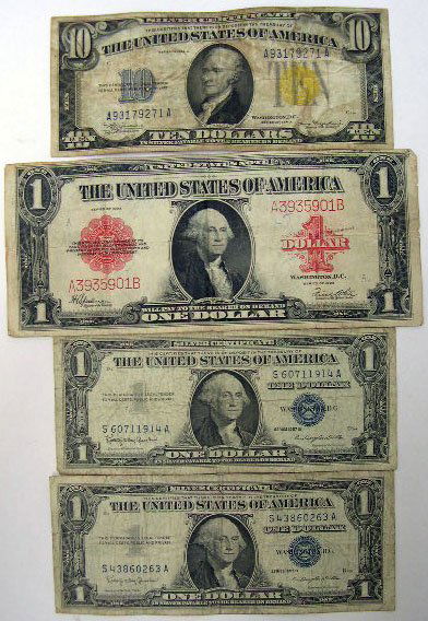 1934-A Ten Dollar Silver Certificate, Together wit: 1934-A Ten Dollar Silver Certificate, Together with Two (2) 1957-D Dollar Silver Certificates and One (1) Large 1923 Red Seal Dollar Bill. Condition Varies. Shipping $10.00 (estimate $25-$50)