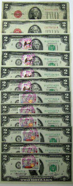 Twelve (12) Dollar Bills Including: Two (2) 1928-G: Twelve (12) Dollar Bills Including: Two (2) 1928-G Red Seal Bills and 10 Series 1976 Two Dollar Bills with Postmarked Stamps on Each One. Condition Varies. Shipping $10.00 (estimate $25-$50)