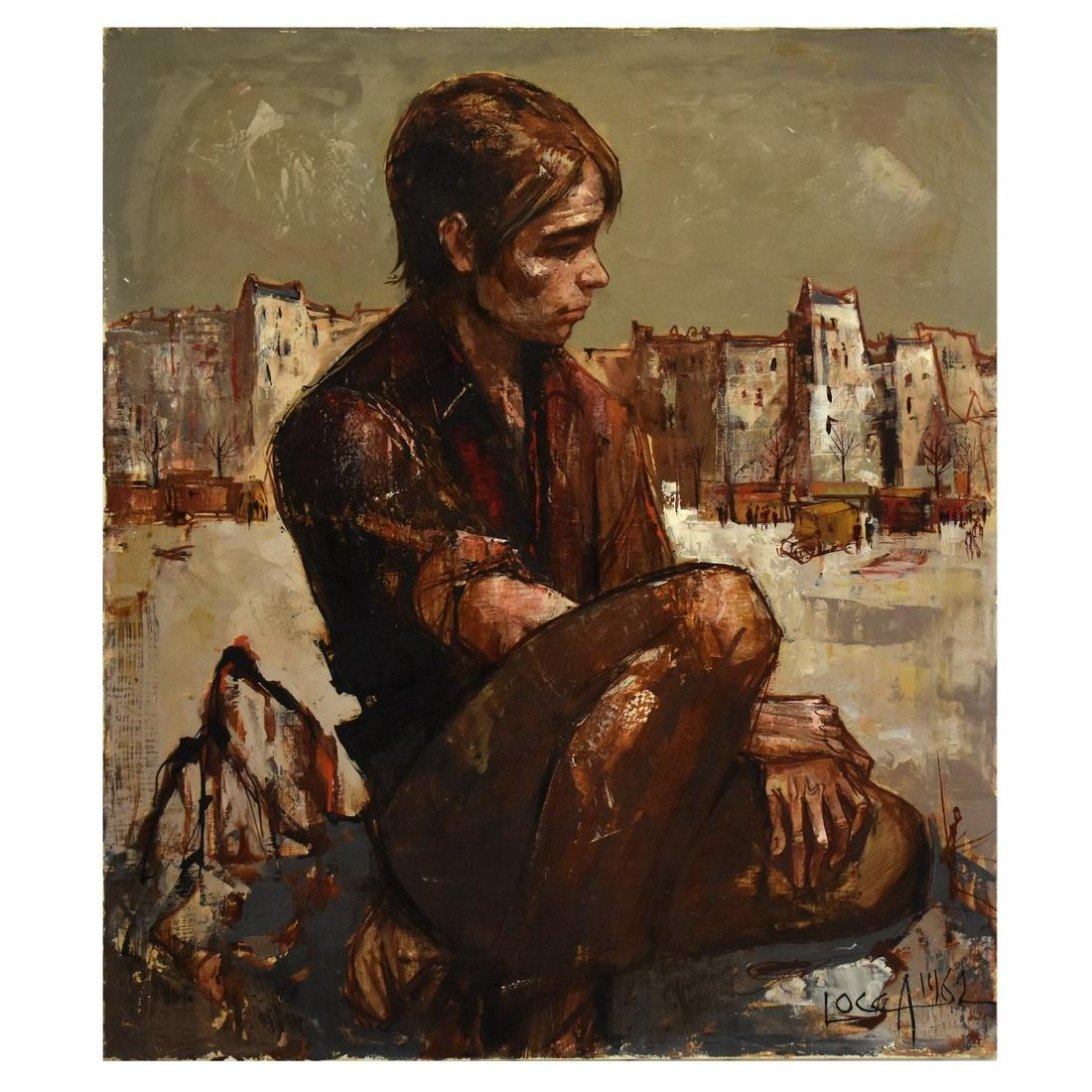 Albert Locca, Swiss (1895 - 1966): Albert Locca, Swiss (1895 - 1966) Oil on Canvas, Male Figure Seated in Outdoor Scene, Signed and Dated 1962 Lower Right. Unframed. Measures 28-1/2" H x 23-1/2" W. Condition: Craquelure, small area of