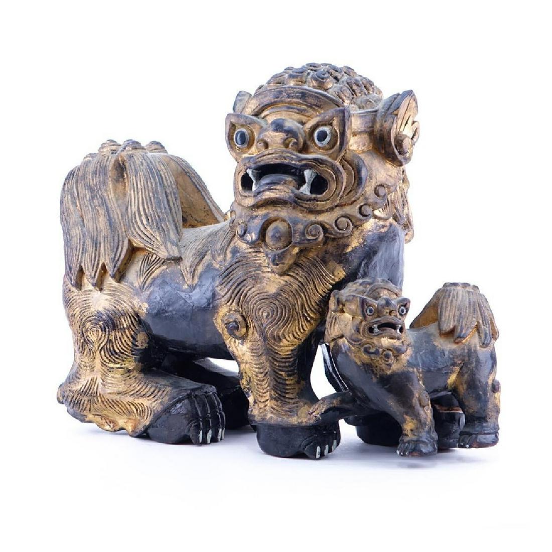 Large Chinese Carved Wood Foo Dog (1 of 3)