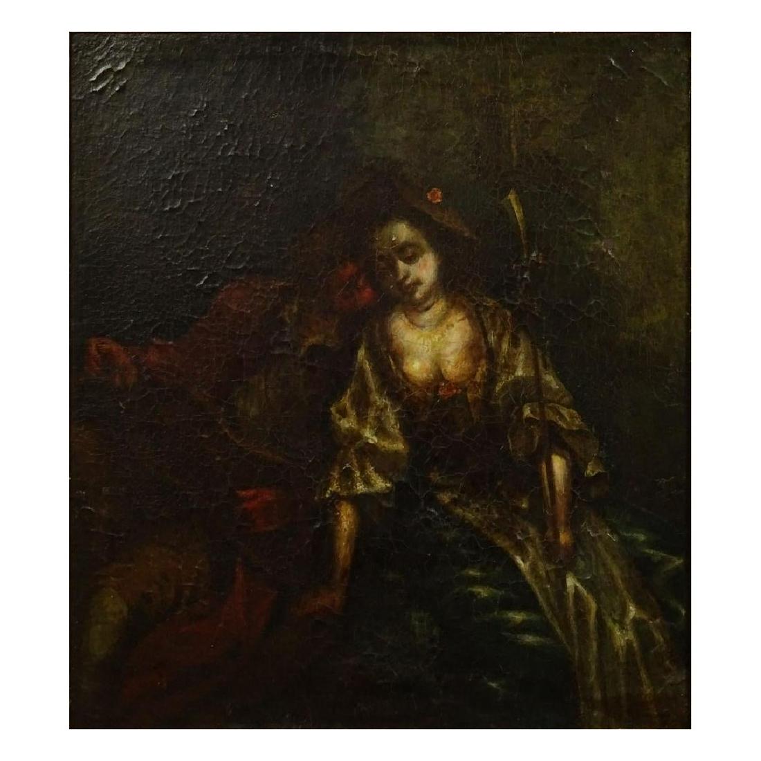 Antique Continental School Oil on Canvas: Antique Continental School Oil on Canvas "Romantic Couple" Unsigned. Measures 19" H x 17" W, frame measures 25-1/4" H x 23-1/2" W. Condition: "As Is" Condition, with Craquelure throughout, some liftin