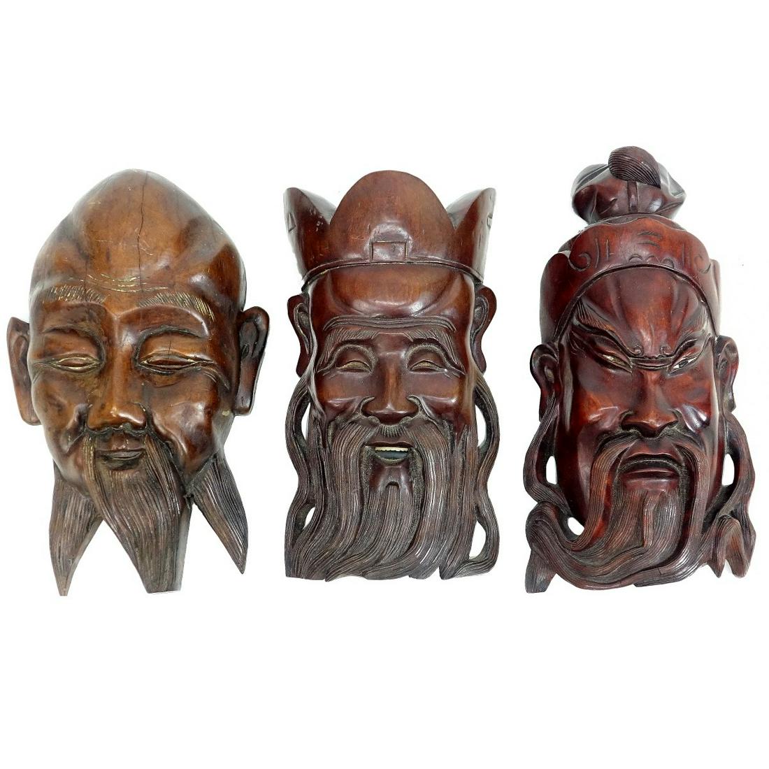Three (3) Chinese Hand Carved Wooden Masks (1 of 3)