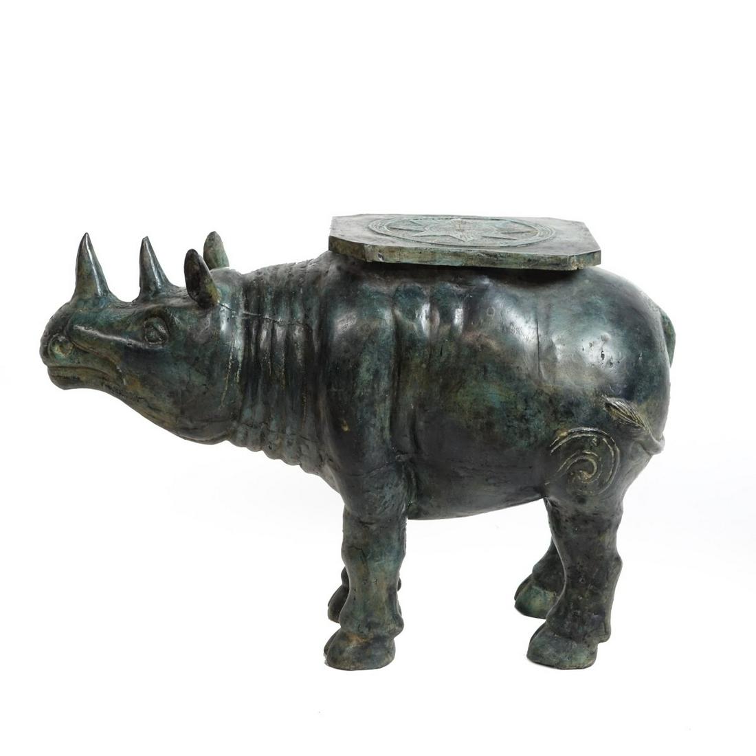 Modern Metal Rhino Garden Seat: Mid Century Modern Metal Rhino Garden Seat. Unmarked. Measures 16-1/2' x 24" x 9". Condition: Green patina otherwise good condition Estimate: $100.00 - $200.00 Domestic Shipping: Third party