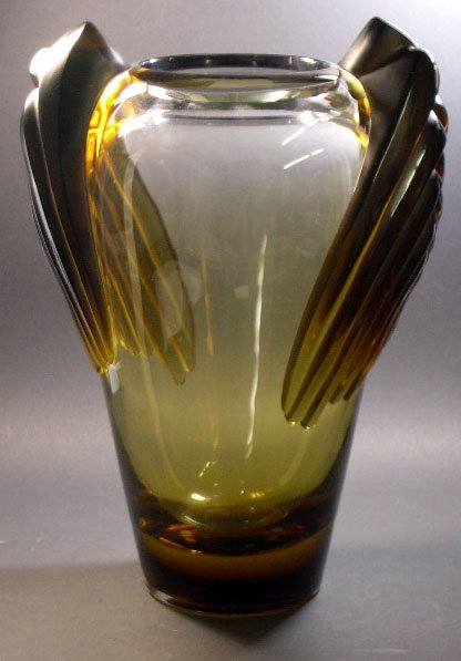 Lalique France Crystal Vase with Amber Decoration.