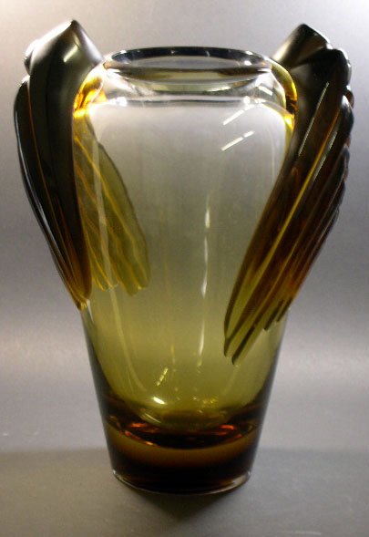Lalique France Crystal Vase with Amber Decoration. - 4