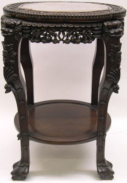 19th Century Chinese Carved Wood Marble Top Table.
