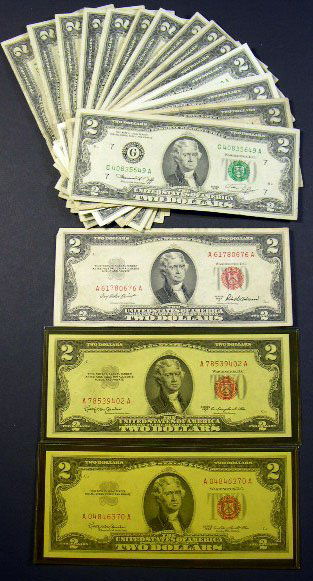 1953 and 1963 Uncirculated Red Seal Two Dollar Bil: 1953 and 1963 Uncirculated Red Seal Two Dollar Bills together with Sixteen (16) Assorted Two Dollar Bills in Various Condition. No Documentation. Shipping $10.00 (estimate $50-$100)