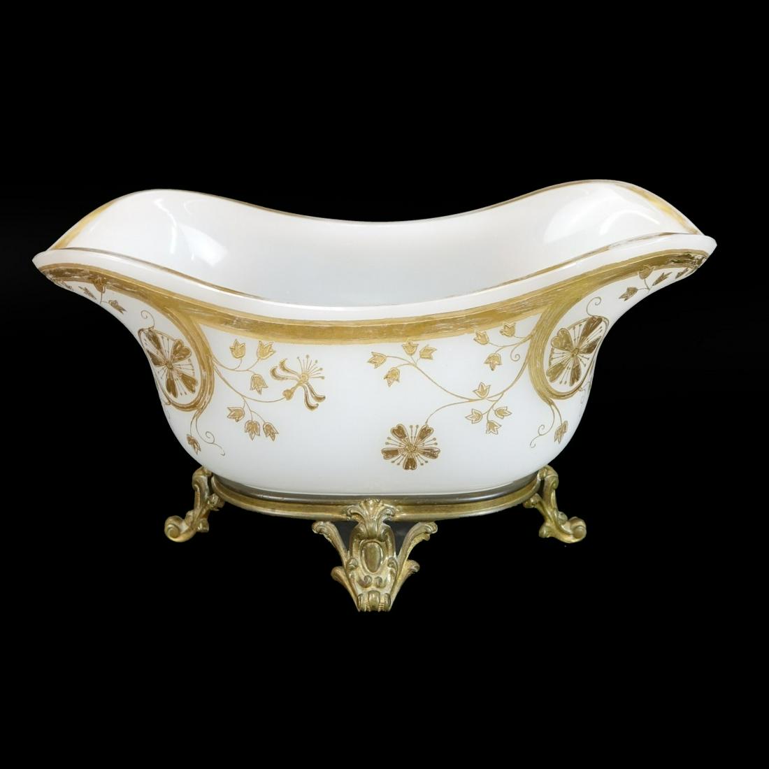 Antique French Baccarat Opaline Centerpiece: Antique French Baccarat Opaline Gilt Painted Centerpiece with Bronze Fitting. Signed on the fitting. Measures 6-1/2" H x 12" W. Condition: Chip to the rim, rubbing to the surface otherwise good condit