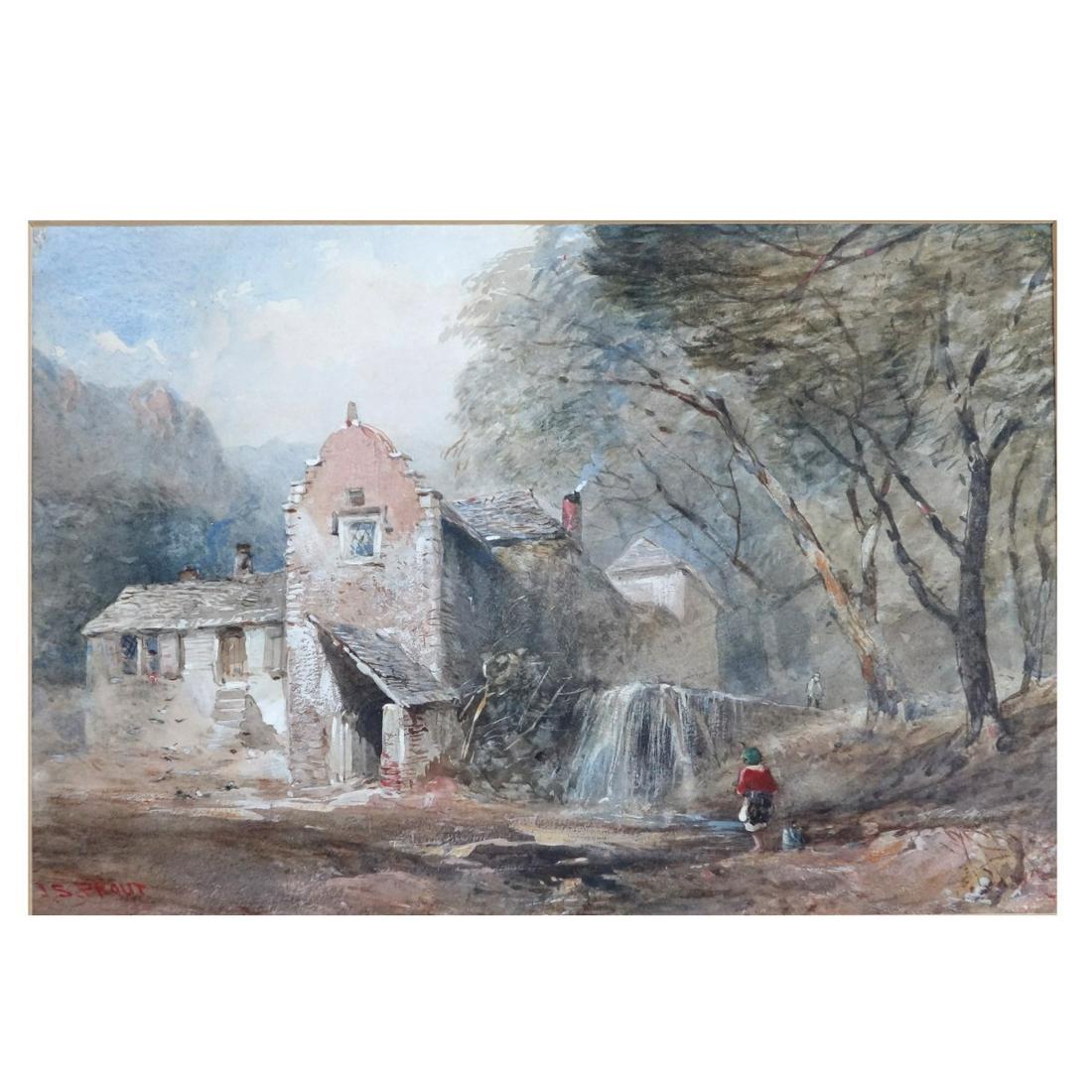 John S Prout (English 1806-1876) Watercolor Mill: John Skinner Prout (English 1806-1876) Watercolor the Water Mill, signed lower left J S Prout, tag verso, measures sight 8-1/8" H x 11-3/4" W frame 17-1/4" H x 20-3/8" W Condition: Watercolor in good