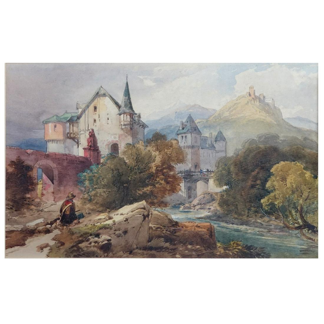 John S Prout (English 1806-1876) Watercolor Chalet: John Skinner Prout (1806-1876) Watercolor the Alpine Scene Chalet, unsigned (probably under the matte) , tag verso, measures sight 8-1/8" H x 12-1/4" W frame 16-3/8" H x 20-7/8" W Condition: Good cond