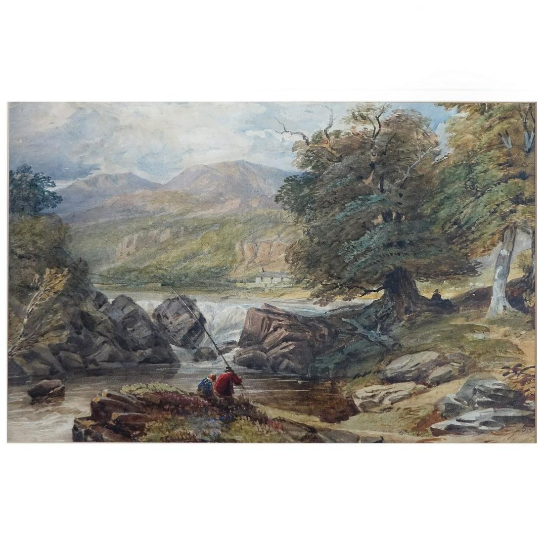 John S Prout (English 1806-1876) Watercolor Angler: John Skinner Prout (English 1806-1876) Watercolor Anglers by the pool, unsigned (probably under the matte) tag verso, measures sight 10-3/4" H x 15-3/4" W frame 18-1/2" H x 23-1/4" W Condition: Good c