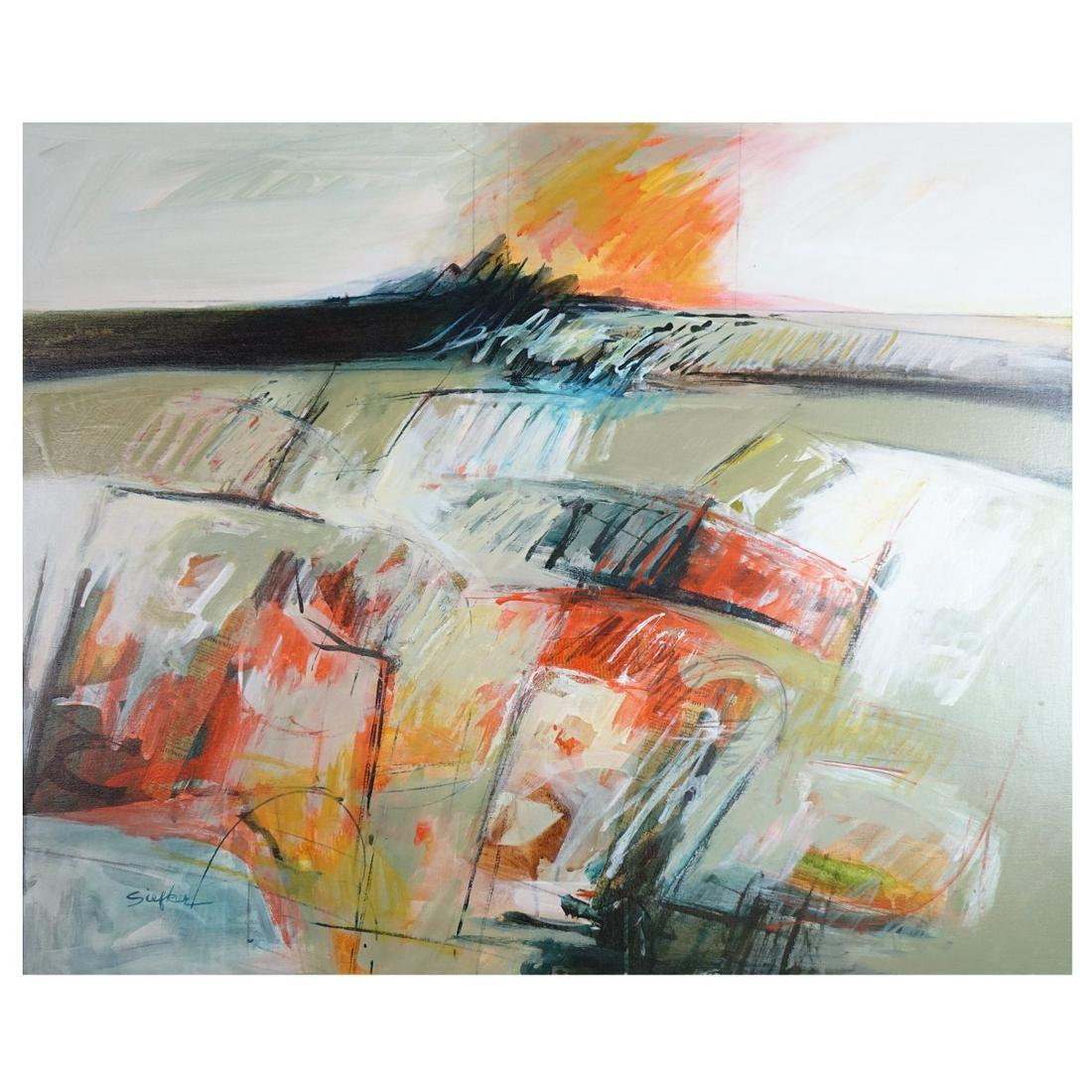 Mary Lou Siefker (American): Mary Lou Siefker (American) Oil on Canvas "Horizon in Collage" Signed Lower Left. Measures 36" H x 44" W, frame measures 37-3/8" H x 45-1/4" W Condition: Good condition Estimate: $50.00 - $150.00 Dome