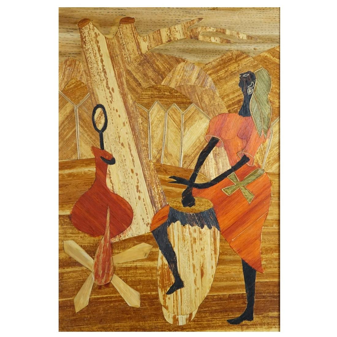 Large 20th C. Inlaid Wood Panel: Large 20th Century Polychrome Inlaid Wood Panel "Drum Player" Unsigned. Sight measures 31-1/4" H x 21" W, frame measures 39" H x 28-3/4" W. Condition: Good condition Estimate: $100.00 - $300.00 Domest