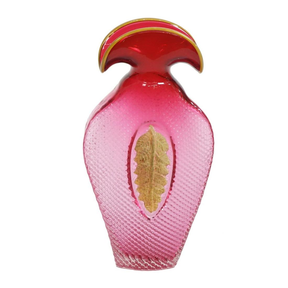 Daniel Gaumer Art Glass Vase: Daniel Gaumer Art Glass Vase with Leaf Center Relief. Signed and Dated 3/15/98. Measures 16-1/2" H x 8-1/2" W. Condition: Good condition Estimate: $100.00 - $200.00 Domestic Shipping: Third party