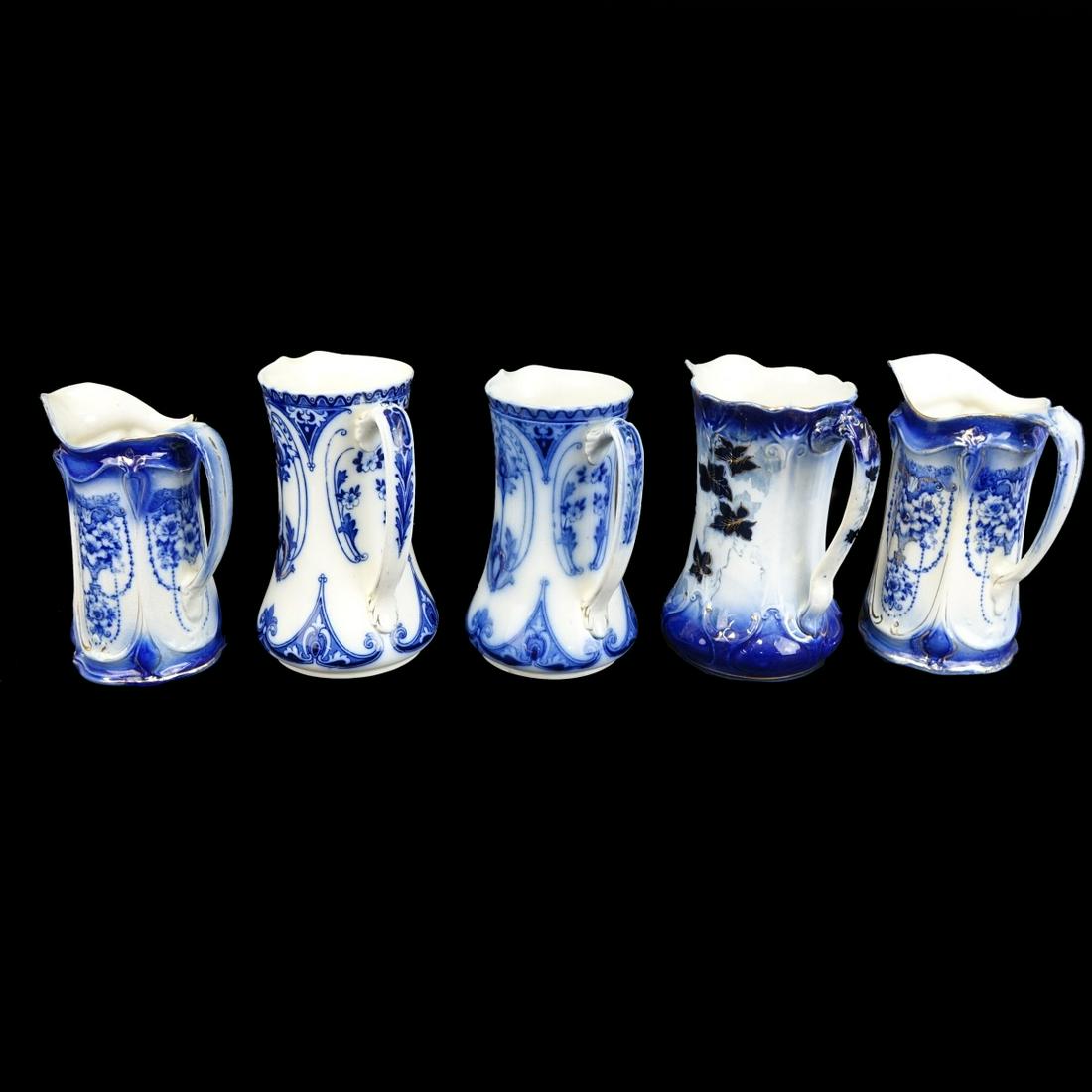 Five (5) Antique Flow Blue Porcelain Pitchers (1 of 2)