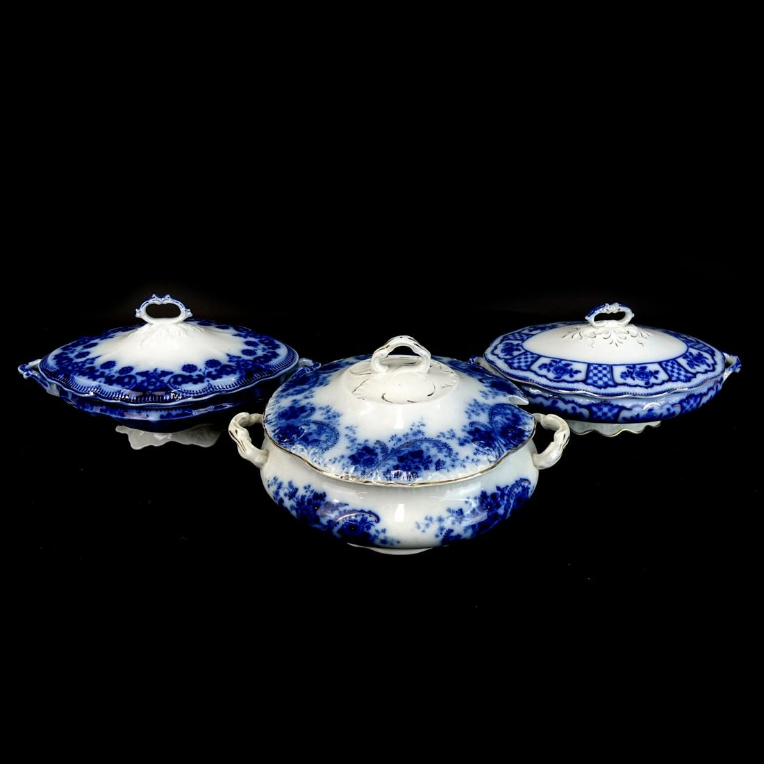 Three (3) Antique Flow Blue Covered Casseroles (1 of 3)