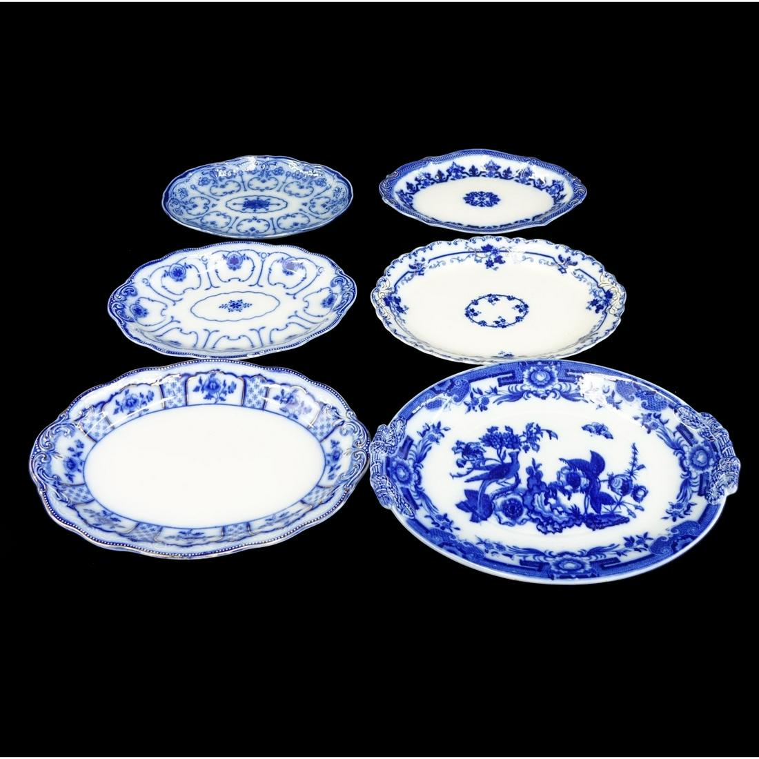 Six (6) Antique Flow Blue Oval Serving Platters (1 of 2)